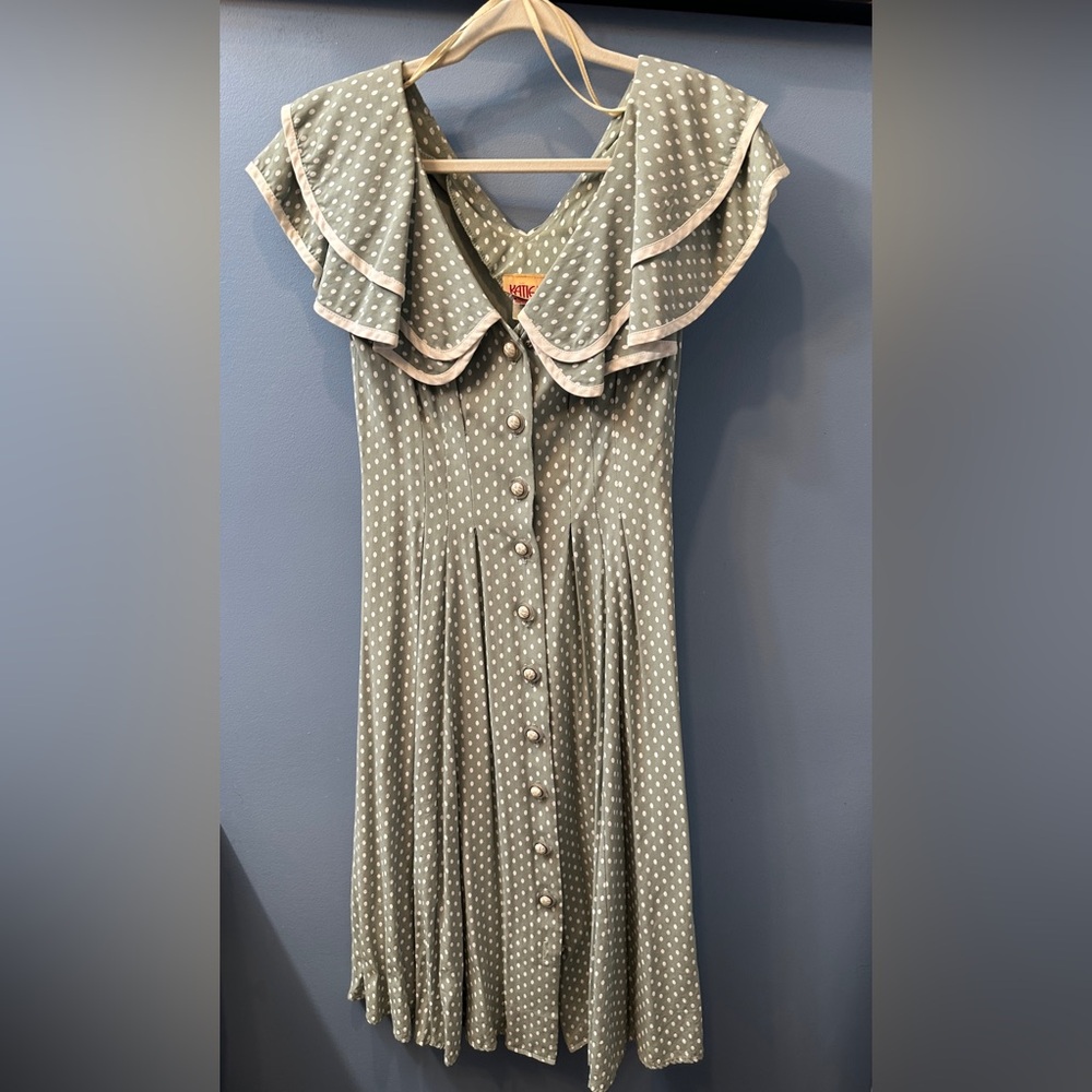 Vintage Dress Green polkadot Katie Petites MSG Pin up Union Made Cottagecore 2p